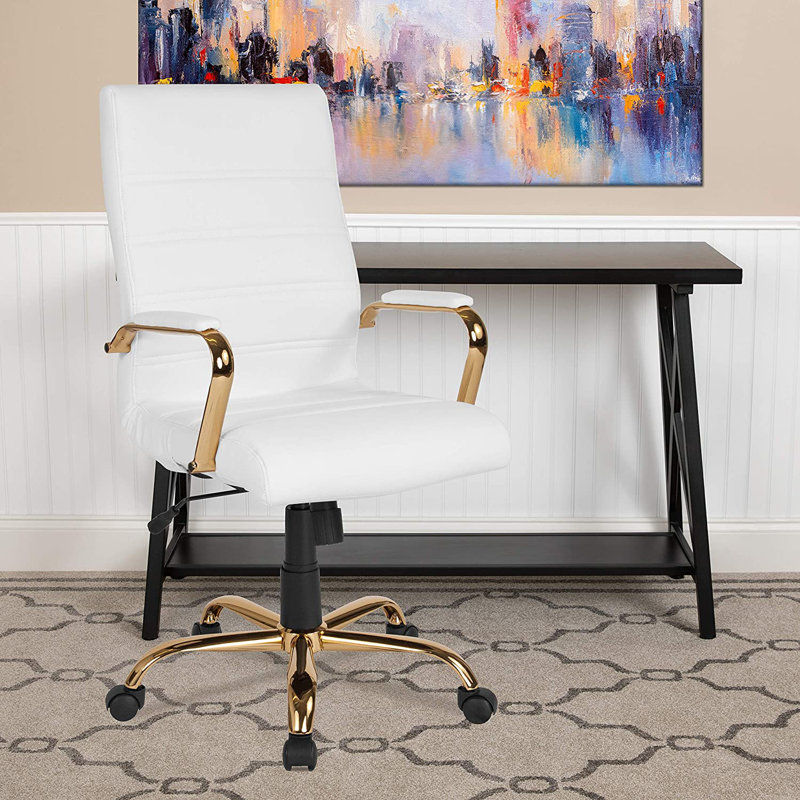  Ergonomic Upholstered High-Back Swivel Office Chair, Gold, White Faux Leather