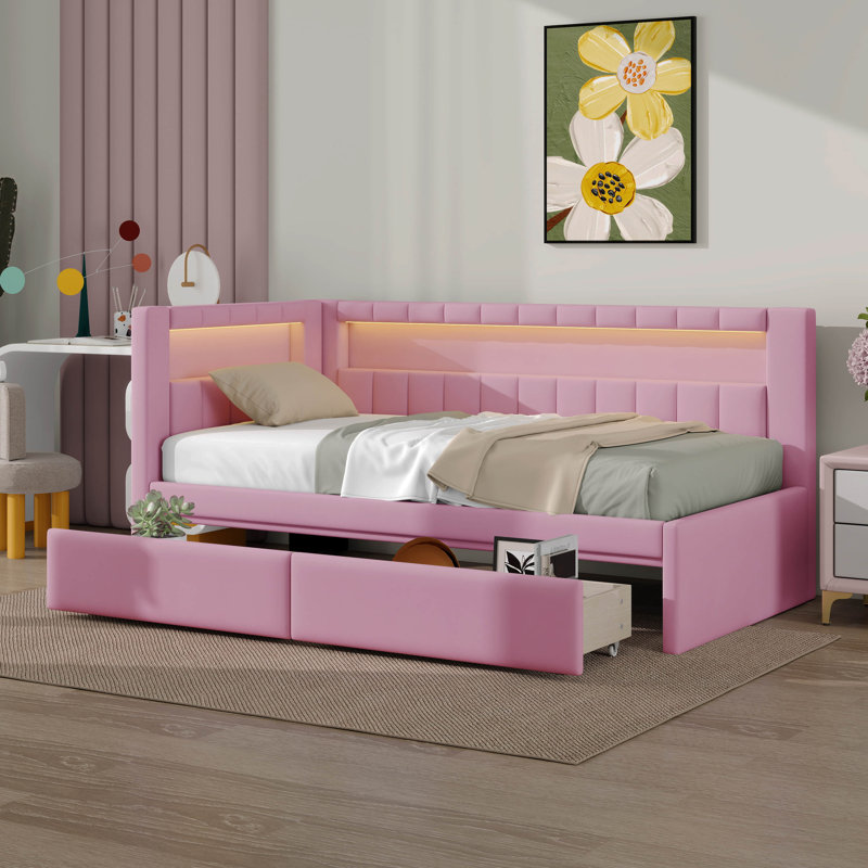 Platform Bed With USB Ports And LED Belt, Upholstered Bed Frame With Trundle, No Box Spring Needed, Twin, Pink