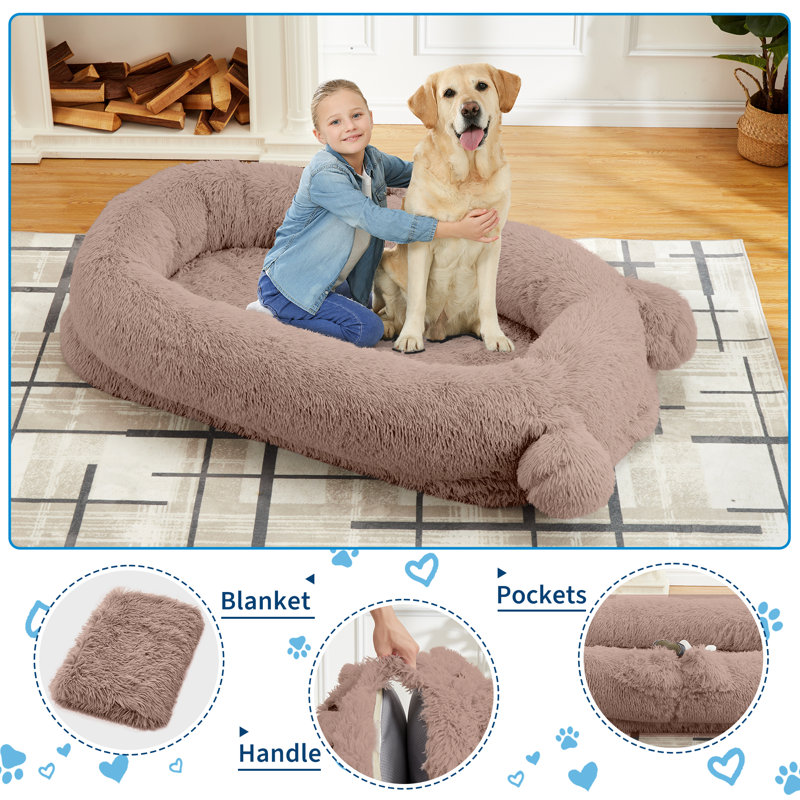 Lit pour chien humain, lit pour chien de taille humaine 71 po x 45 po x 12 po avec couverture, 2 poches de rangement latérales et poignée portative