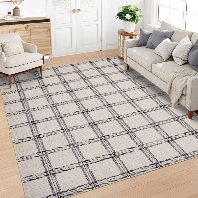 Modern Washable Area Rug Geometric Plaid Carpet Non-Slip Mark Resistant Low Pile Floor Mat for Living Room Bedroom Nursery Office Beige 9x12ft