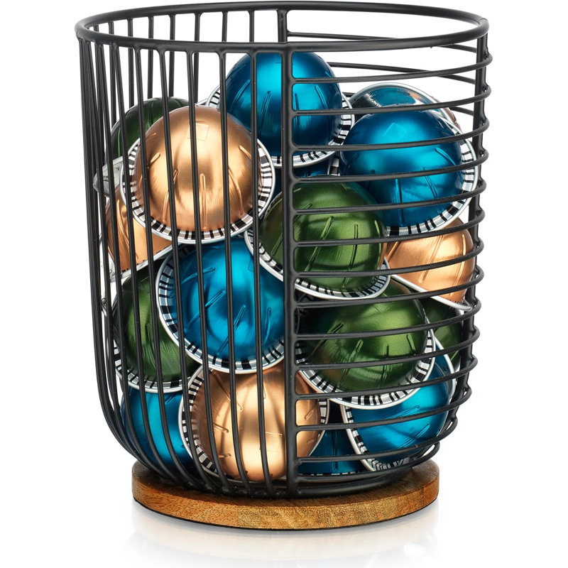 Porte-dosettes de café - Rangement en forme de K en fil noir avec base en bois - Conception mince de grande capacité - Décoration de panier à café moderne pour comptoir de cuisine pour kups et capsules espresso Keurig