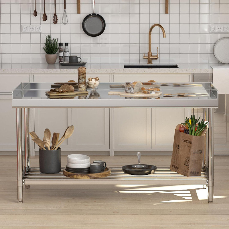 Stainless Steel Table with Backsplash, Heavy Duty Food Prep Table, Adjustable Undershelf for Restaurant & Home