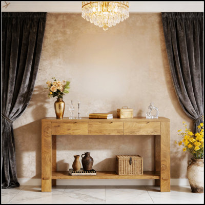 Authentic Oak Veneer Entryway Console Table, Perfect For Display And Storage In Modern And Rustic Interiors.