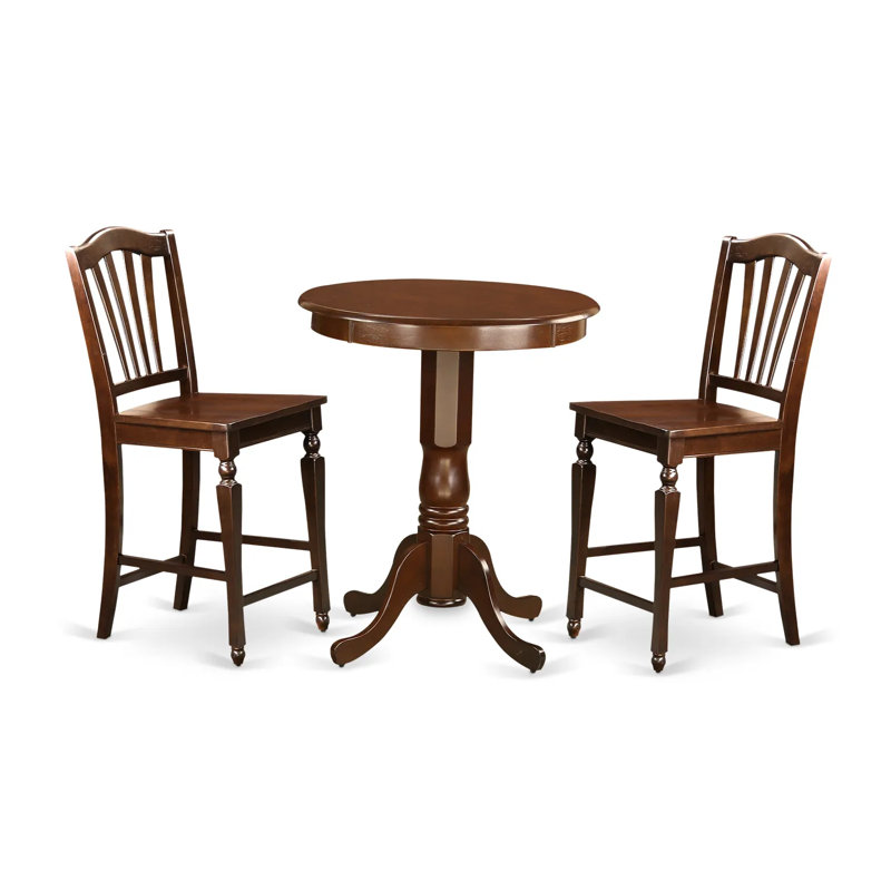 Ensemble de salle à manger 3 pièces à hauteur de comptoir pour petits espaces comprenant une table de cuisine ronde avec piédestal et 2 chaises de salle à manger, acajou
