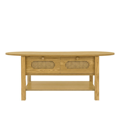 Oval Coffee & Cocktail Tables with Storage, Wood Tone MDF Boho Rattan Style for