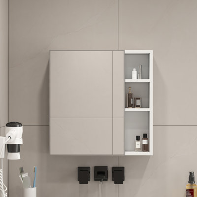 Armoire de salle de bain murale à miroir blanche, miroir transparent, compartiments internes pour soins de la peau avec armoire de rangement