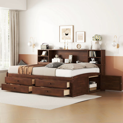 Full Size Wooden Captain Bed With Built-In Storage Shelves, 4 Drawers And 2 Cabinets, Antique Brown