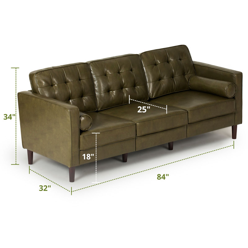 Mandile Faux Leather Sofa, Green Faux Leather, 34'' H x 84'' W x 32'' D, 3