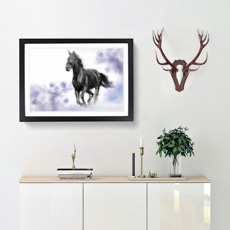 Wild Black Horse in Abstract - Framed Print, Black, 60cm H x 91cm W x 2cm D