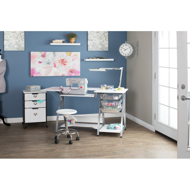 Silver and White Foldable Sewing Table with Mesh Drawers