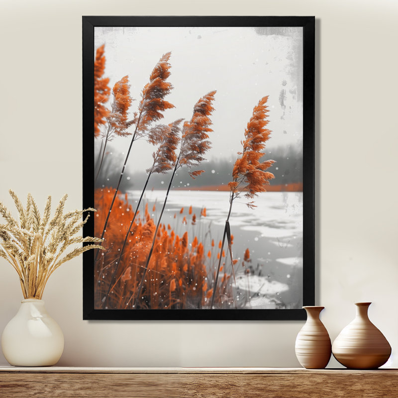 «Orange Grass Herbs Winter Lake», impression d'art mural paysage, Cadre photo noir, H 16 po x l 32 po