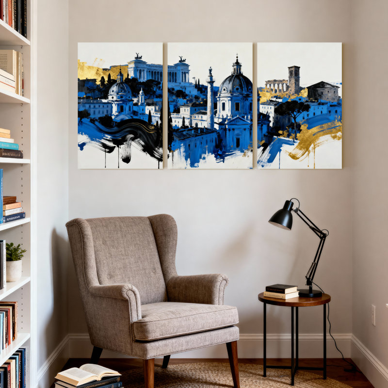 Cités et pays, ensemble de 3 reproductions d'art sur toile bleu et doré, H 18 po x l 36 po