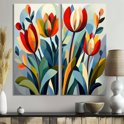 Green Mid Century Mod Nature Tulip V - Art mural moderne 2 pièces
