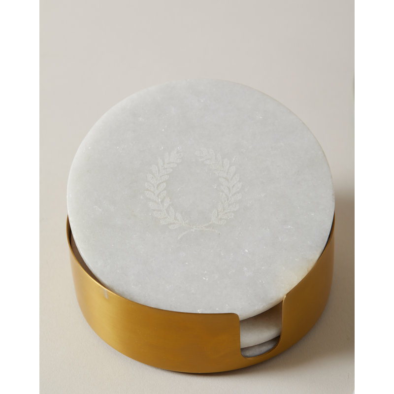 Laurel Marble Round Coaster Set With Holder