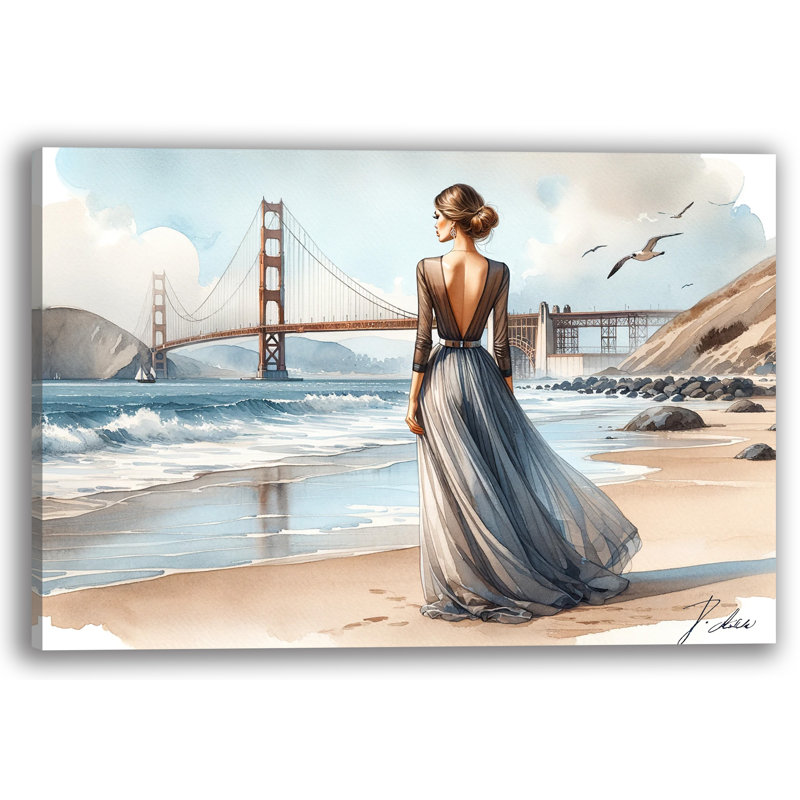 Bayside Elegance: Vue sophistiquée avec Golden Gate - impression sur toile tendue, H 12 po x l 16 po x P 1 po