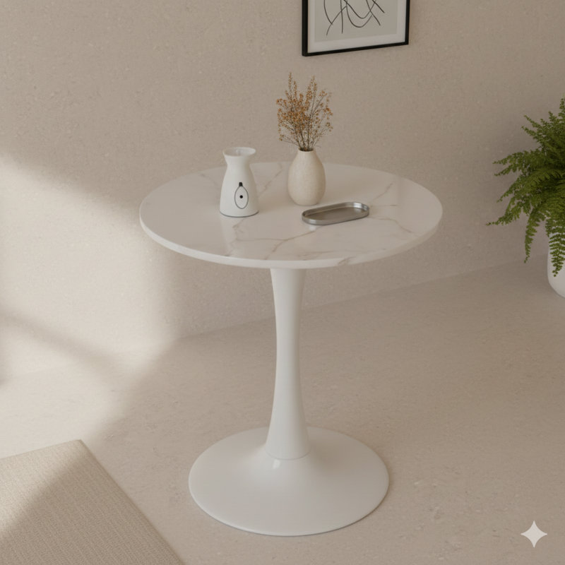Table basse de 27,6 pouces de style Mid-Century moderne, pouvant accueillir de 2 à 4 personnes, avec un plateau de table rond en marbre veiné de blanc, idéale pour divers espaces
