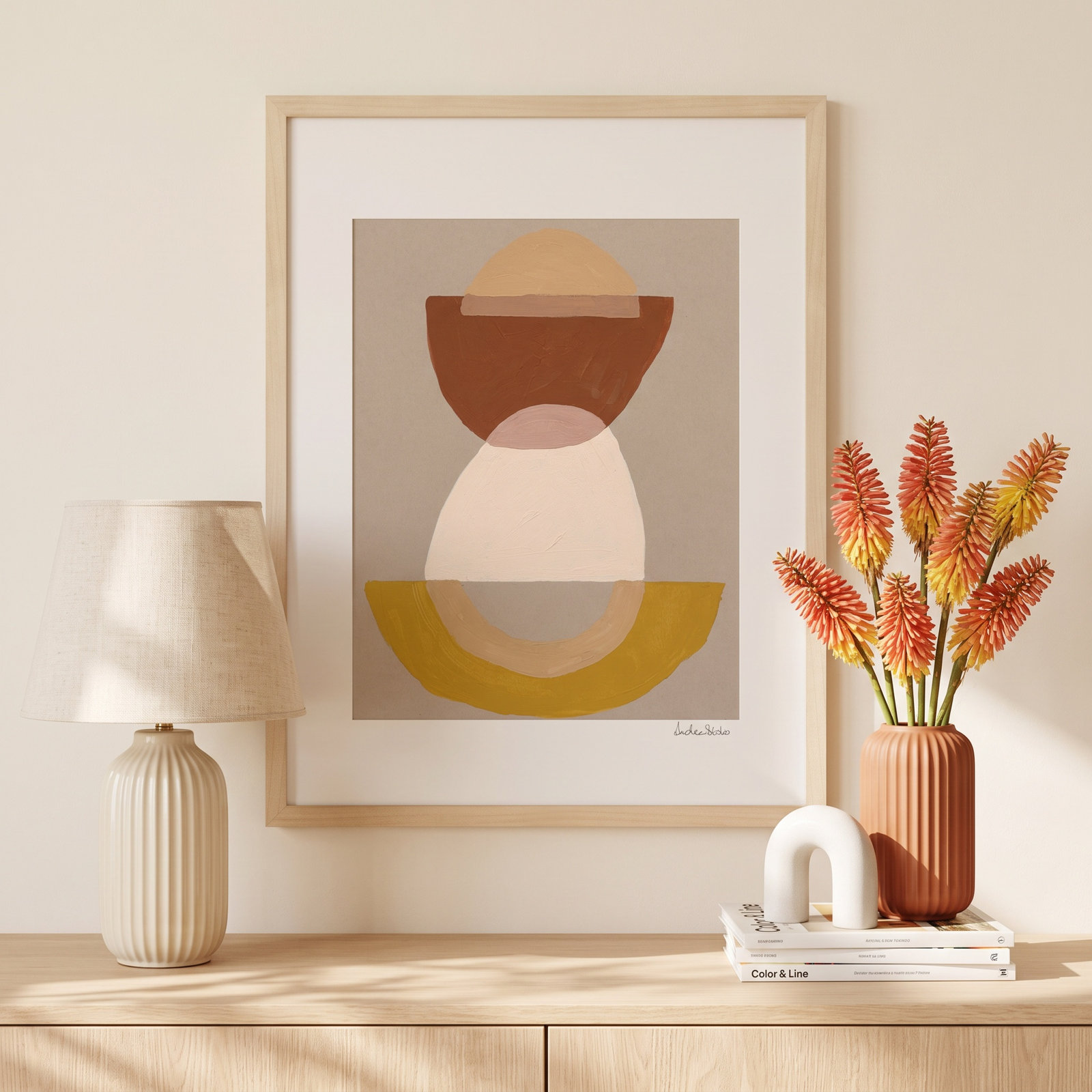 Composition 01 Print by Andrea Stokes, 50" H x 40" W x 1.25" D, Brown Framed