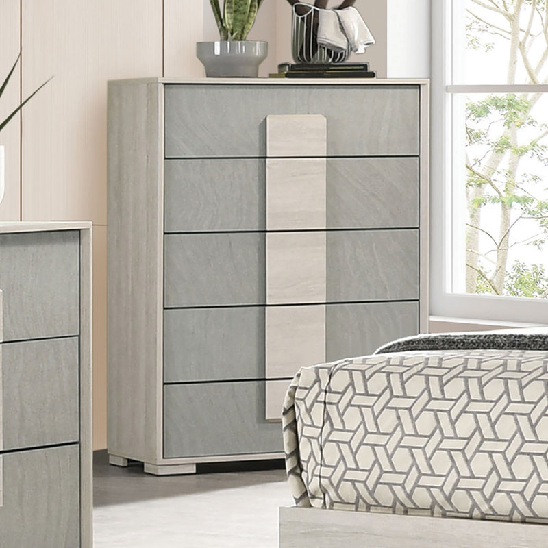 Commode à tiroirs en queue d'aronde de style contemporain 1 pièce deux tons avec glissières en métal et panneaux en bois blanc et gris pierre