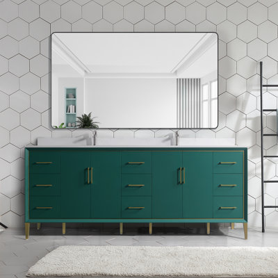 Hood-4g 84.00 In. W X 22.00 In. D X 35.00 In. H  Freestanding Bath Vanity In Green Wood With Double White Top