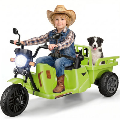 Voiture électrique 3 roues Hikole 12V pour enfants de 3 ans et plus, remorque XL et pelle à sable, 2 roues motrices de 100 W, vitesses élevées / basses, musique et histoire, cadeaux d'anniversaire pour les filles, rose