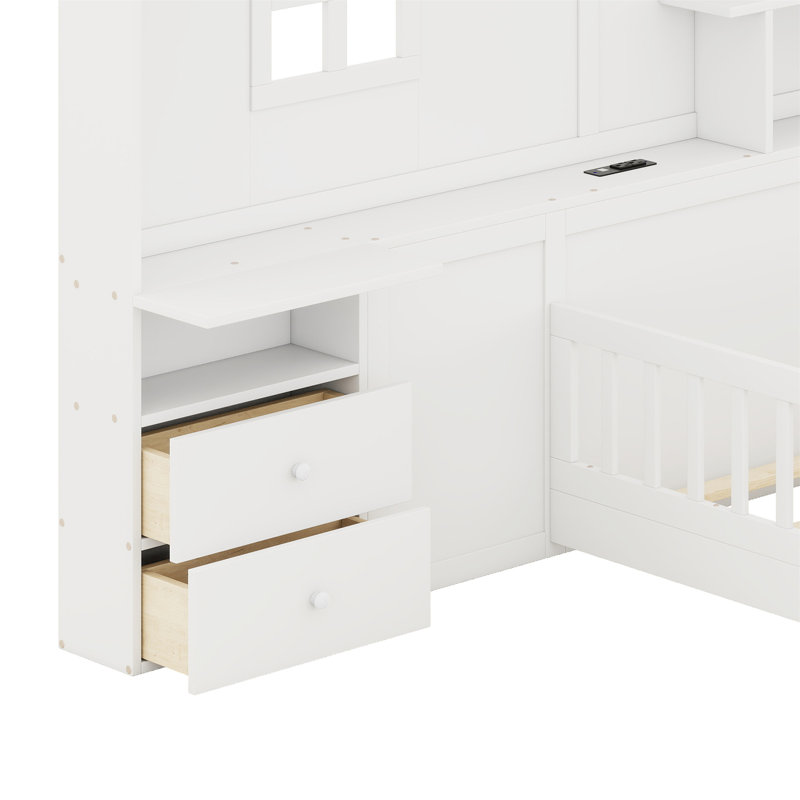 House Bed With Window And Bedside Drawers, Platform Bed With Shelves And A Set Of Sockets And USB Port