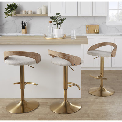 Tabouret de bar réglable avec pivot en métal doré, bois blanchi et tissu avoine avec repose-pieds arrondi en T - ensemble de 3