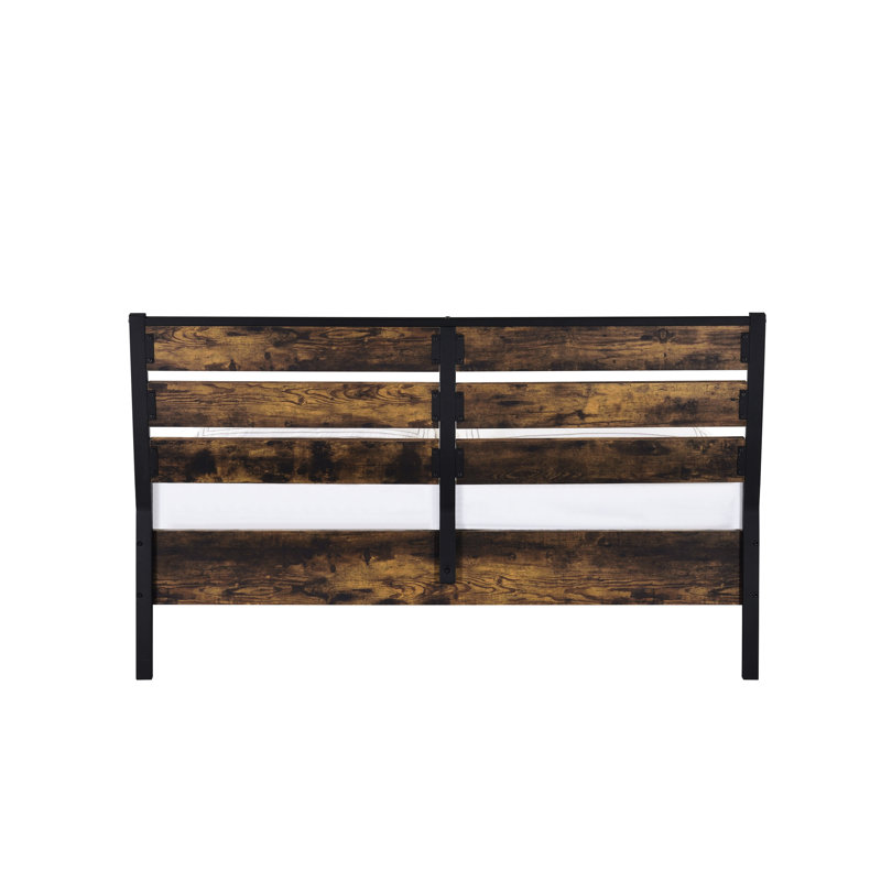 Très grand lit de style moderne industriel en chêne rustique avec panneaux décoratifs noirs, métal et placage sans sommier avec finition de style