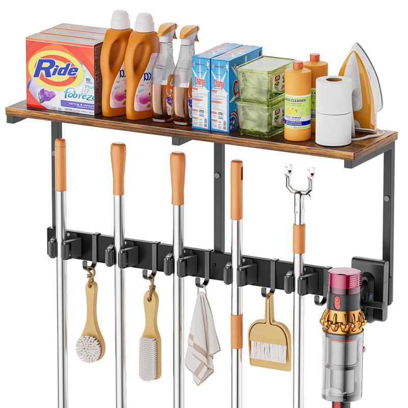 Laundry Room Organization and Storage Shelves with Mop Hanger Rack Gripper Hooks