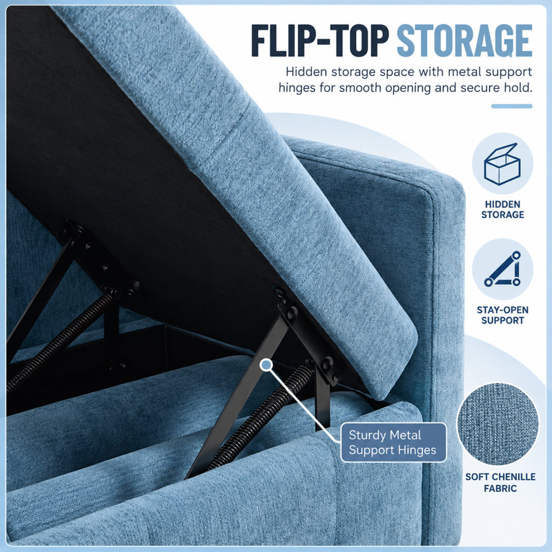 Banc de rangement rabattable Pocono en chenille avec siège, dossier et coussins cylindriques capitonnés, Bleu