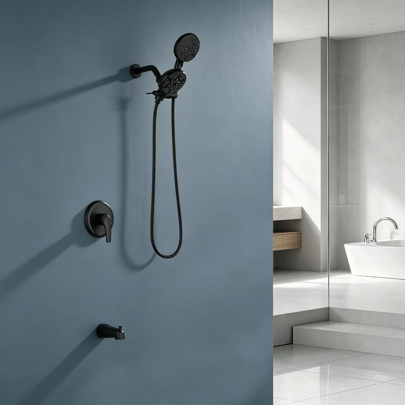 Ensemble de douche mural à double pommeau Topcraft avec robinet de baignoire, Noir mat