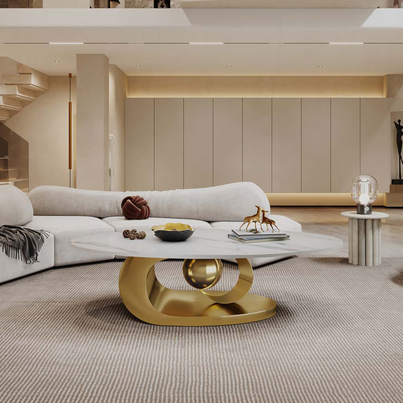 Coffee Table with Sculptural Stainless Steel Base, Gold