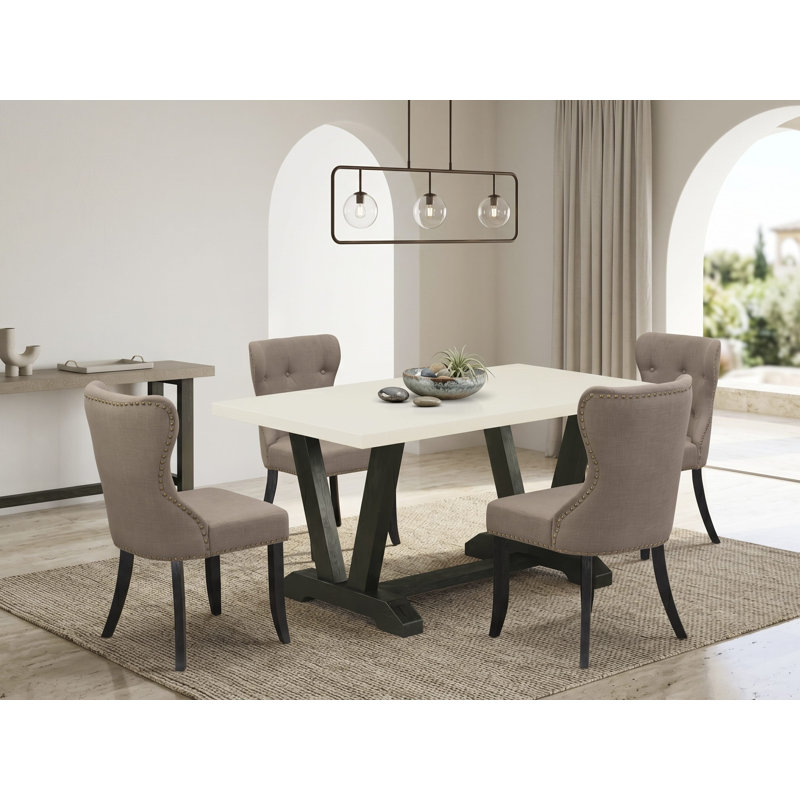Ensemble de table de salle à manger 5 pièces - Siège en tissu de lin et dossier capitonné avec chaises et table rectangulaire - Finition lin blanc (blanc cassé)