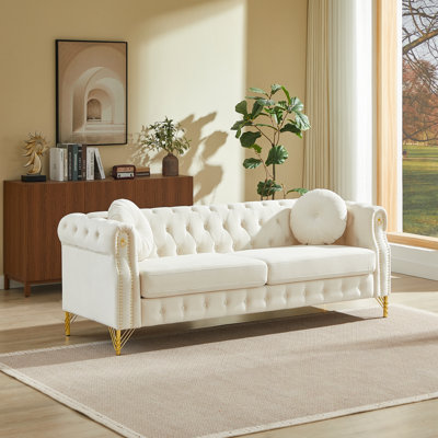 Velvet sofa with metal legs and two round pillows