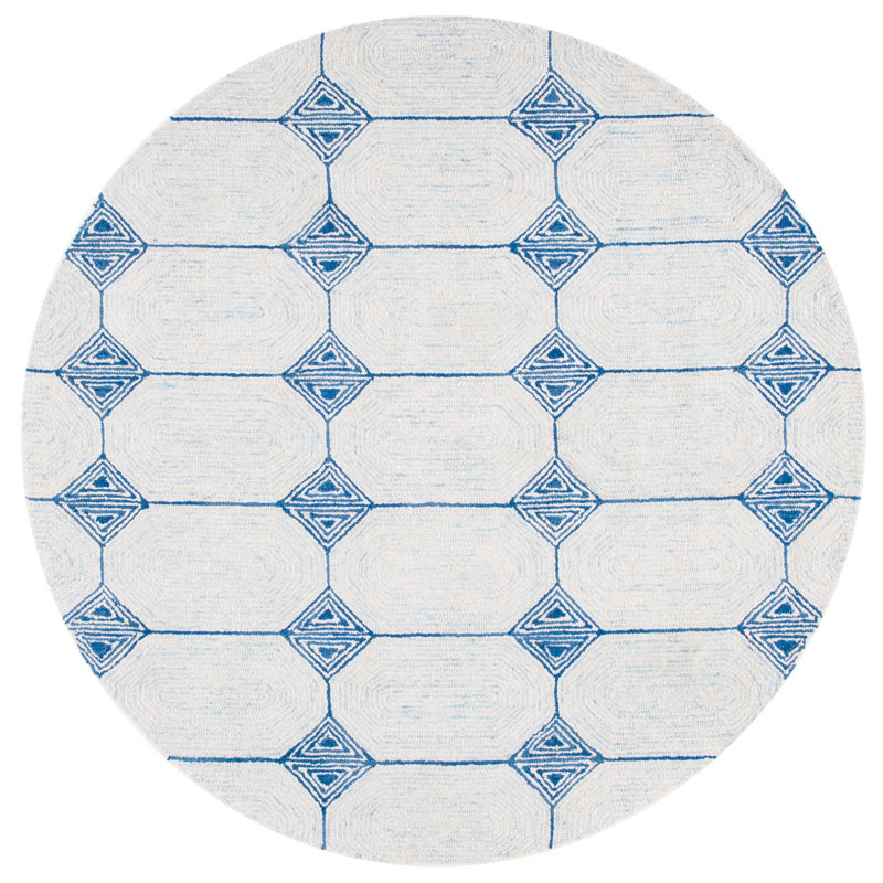 Kolb Hand Tufted Wool/Cotton Geometric Rug in Ivory/Blue, Round 6'