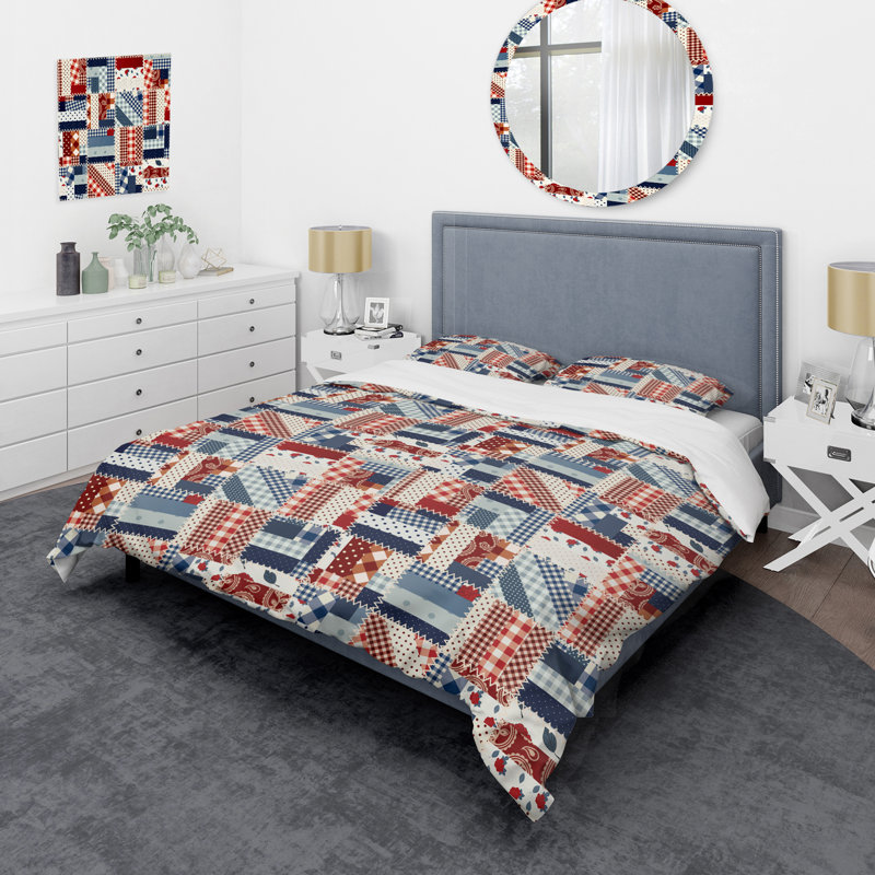 Blue and Brown Patchwork - Abstract Duvet Cover Set - Microfiber Polyester, King Duvet Cover + 2 King Shams