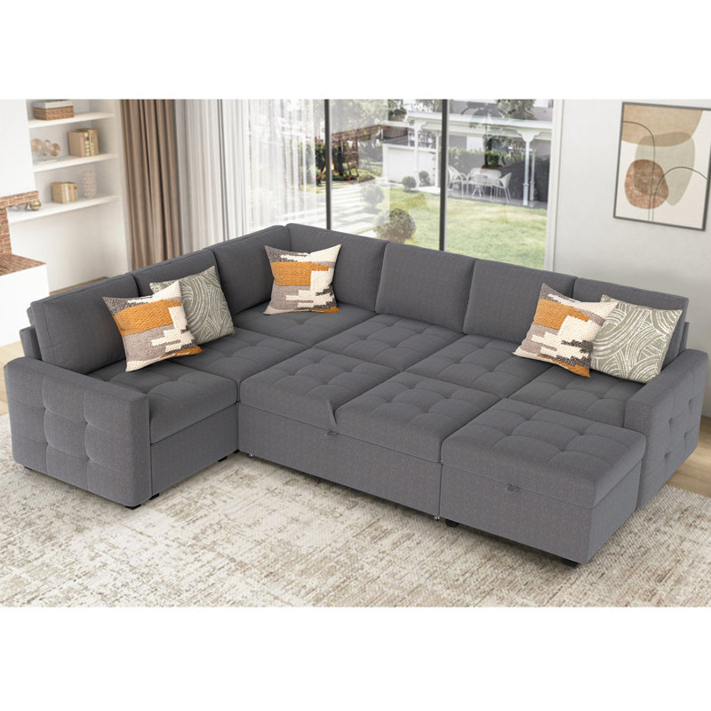Canapé-lit modulaire 7 pièces avec lit escamotable et repose-pieds avec rangement, Mélange de polyester argent