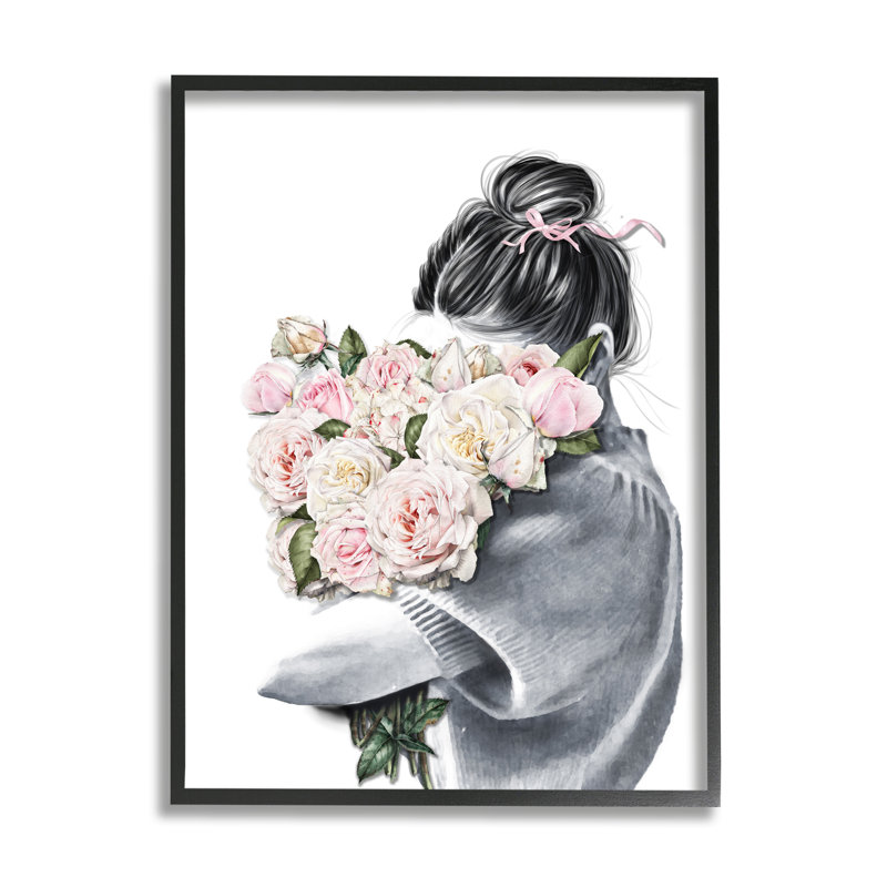 Femme avec bouquet de fleurs roses, Giclée encadrée noir minuit, H 30 po x l 24 po
