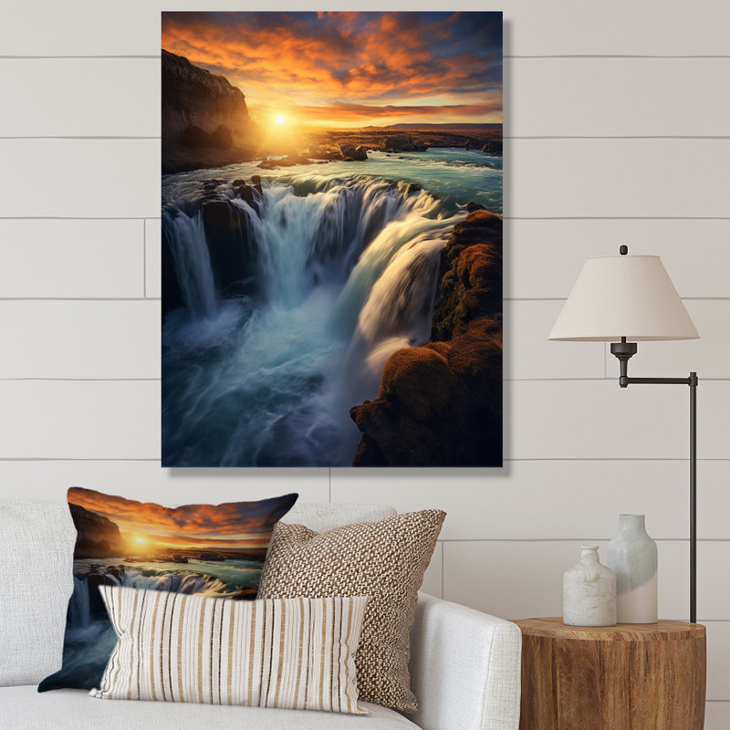 «Summery Sunset Over Majestic Waterfalls I», reproduction d'art sur toile, H 20 po x l 12 po x P 1 po, Toile tendue