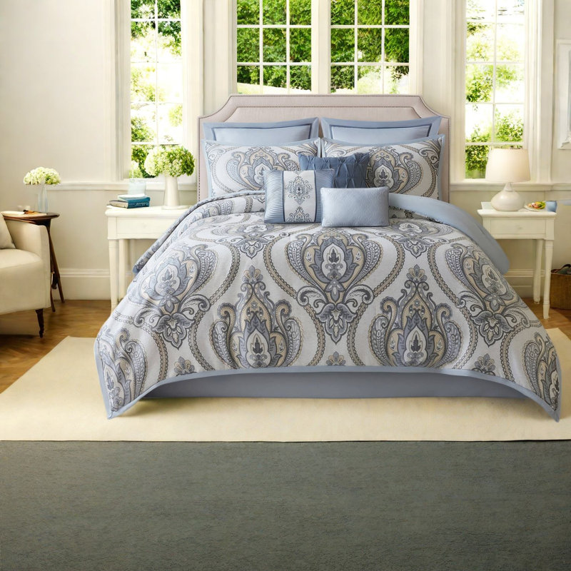 Piece King Bedding Sets, Blue Polyester Jacquard Comforter, Elegant Style