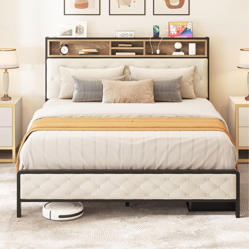 Base de lit pour grand lit, base de lit plateforme avec station de charge, tête de lit et pied de lit rembourrés avec lattes de support en métal, sommier non requis, beige (sans tiroirs)