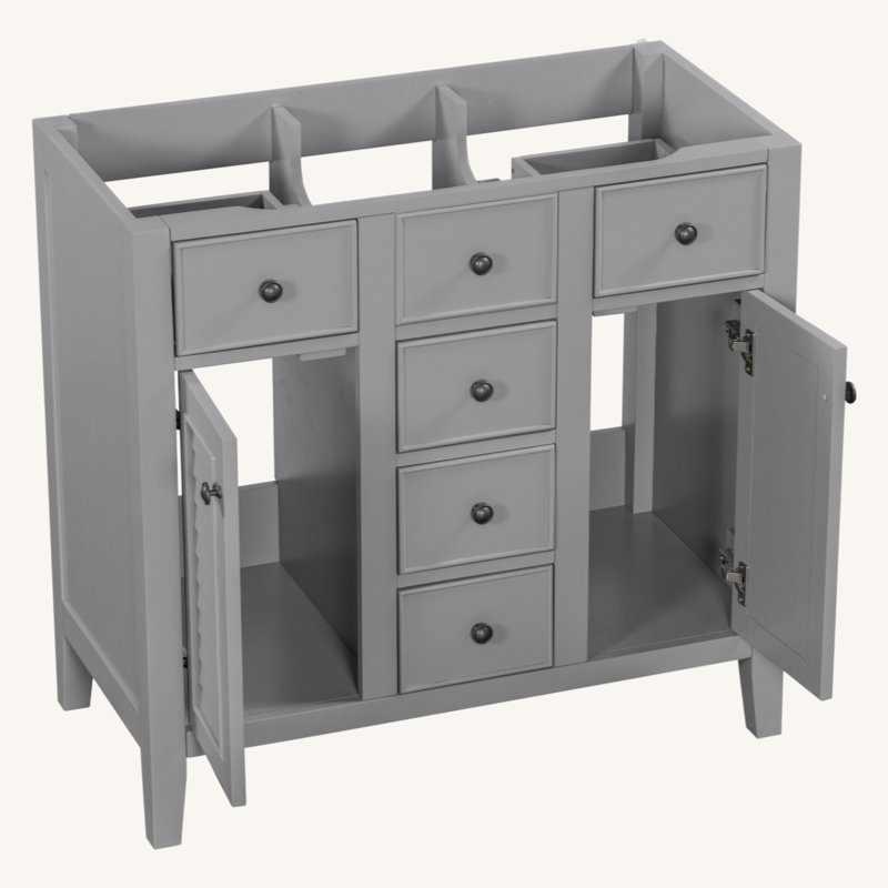 Meuble-lavabo 36 po sans lavabo, base d'armoire seulement, deux armoires et cinq tiroirs, structure en bois massif, gris