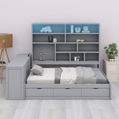 Wooden Daybed With Three Drawers ,Desk ,Shelves And Lights