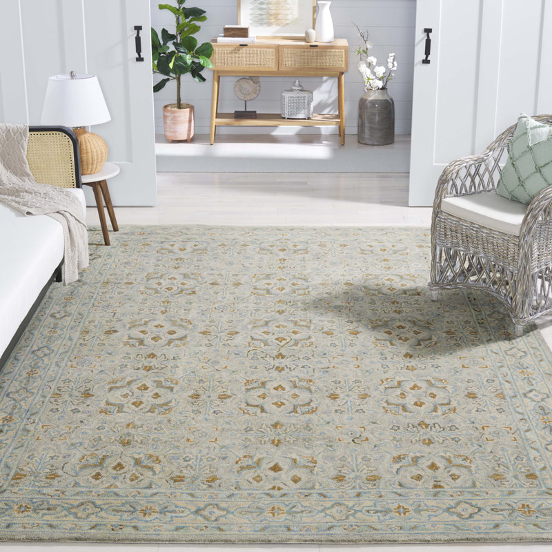Calai Hand Tufted Wool Cotton Oriental Rug in Ivory/Blue, Rectangle 5" x 8"