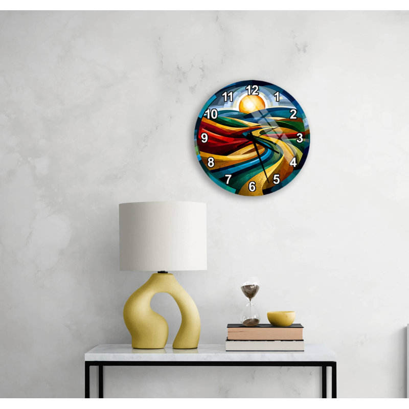 Horloge murale abstraite paysage abstrait en verre trempé, décor coloré Art moderne - horloge circulaire coucher de soleil vibrant, cadeau de maison unique