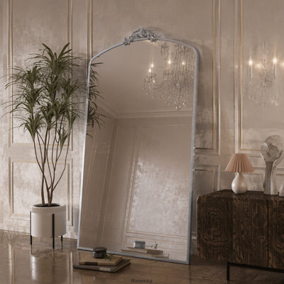 36x66 Inch Vintage Ornate Arched Full Length Mirror, Antique Silver