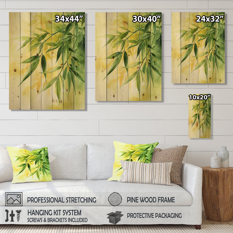 Green Yellow Bamboo Leaves In Africa III - Leaves Wood Wall Decor - On Natural Pine Wood, 20" H x 10" W x 0.78" D