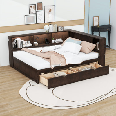 Wood Daybed with Shelves, USB, LED and 2 Drawers