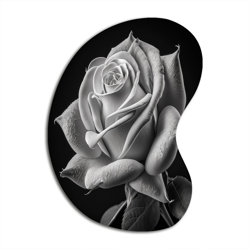 «Blossoming Rose On I - Floral Rose Boom Shape» - Art mural en métal asymétrique, H 31 po x l 22 po
