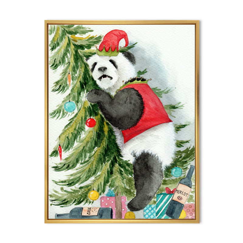 Panda portant un chapeau d'elfe de Noël - peinture sur toile, H 32 po x l 24 po, Cadre flottant doré