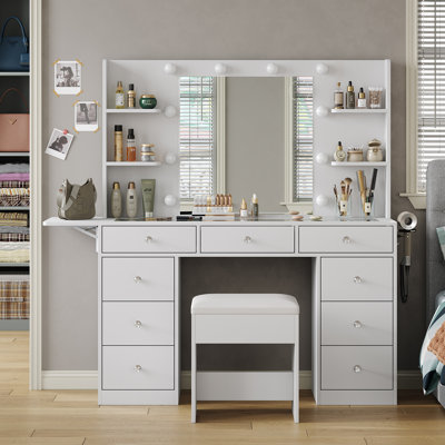 Coiffeuse de maquillage avec miroir et 10 lumières DEL, prise de courant, 4 tablettes, panneau rabattable, 9 tiroirs, 3 lumières réglables